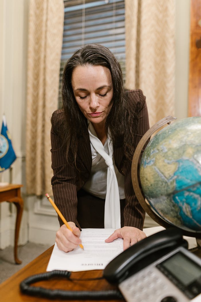 A woman in formal attire writes on documents in an office, symbolizing professionalism and business.